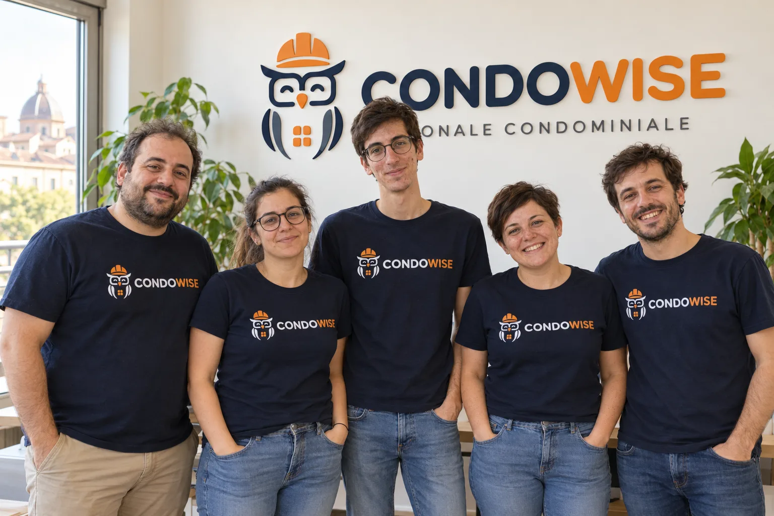 Il team in maglietta Condowise davanti al logo in ufficio