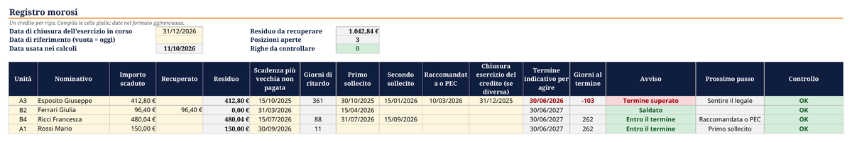 Anteprima del modello excel registro morosi e solleciti